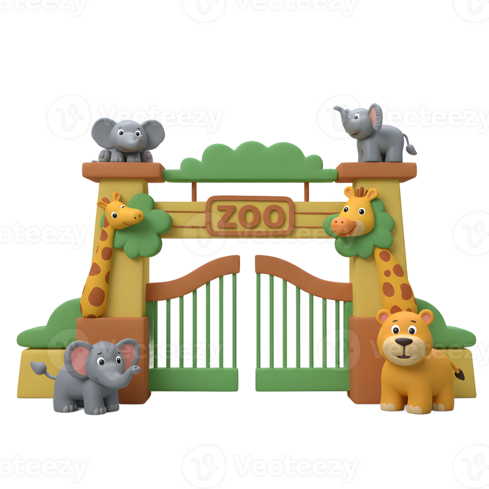 Cartoon zoo gate decorated with elephant, giraffe, and lion figures, perfect for children's books or educational materials. png