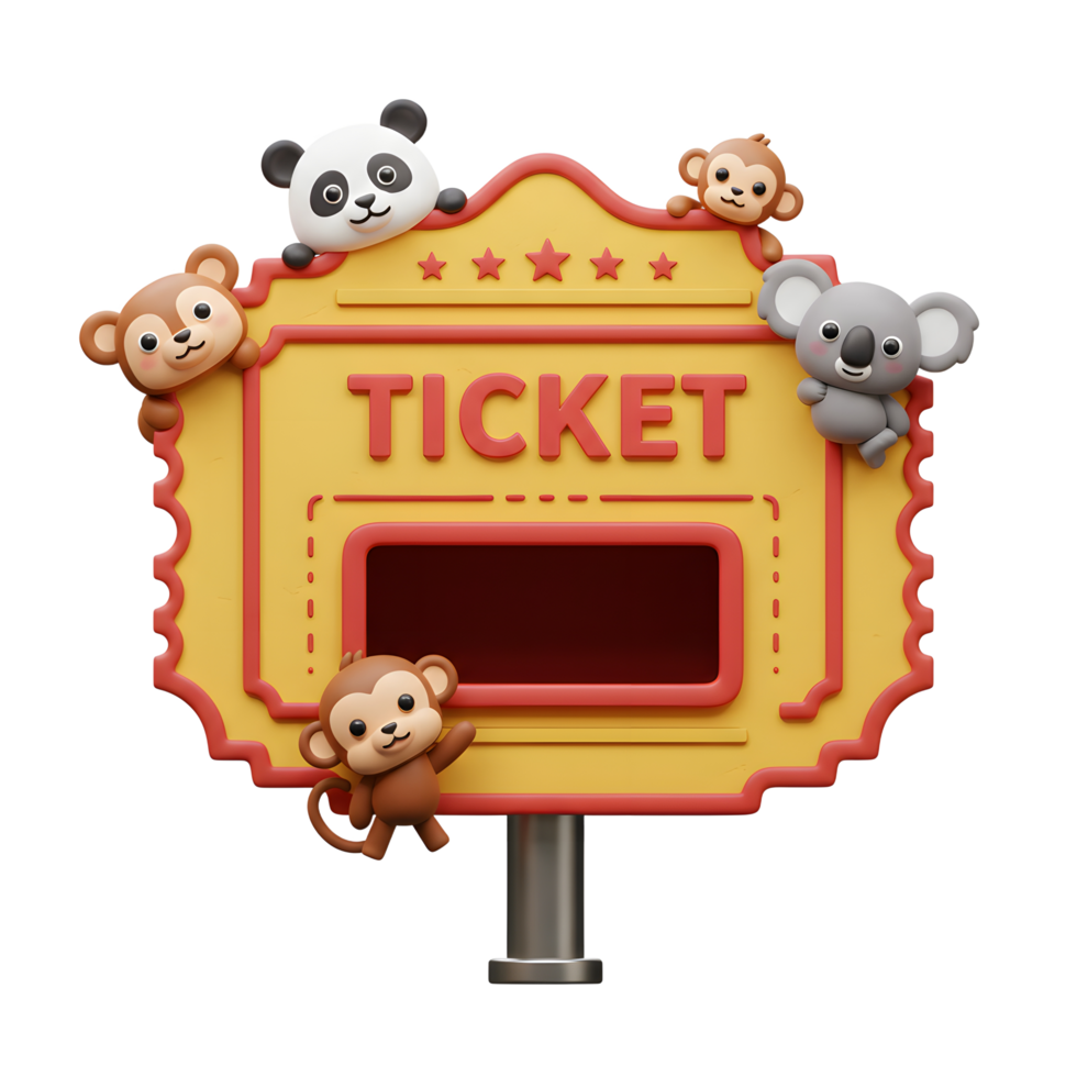 A yellow cartoon ticket sign is adorned with a panda, monkeys, and a koala to grab attention for events and activities. png