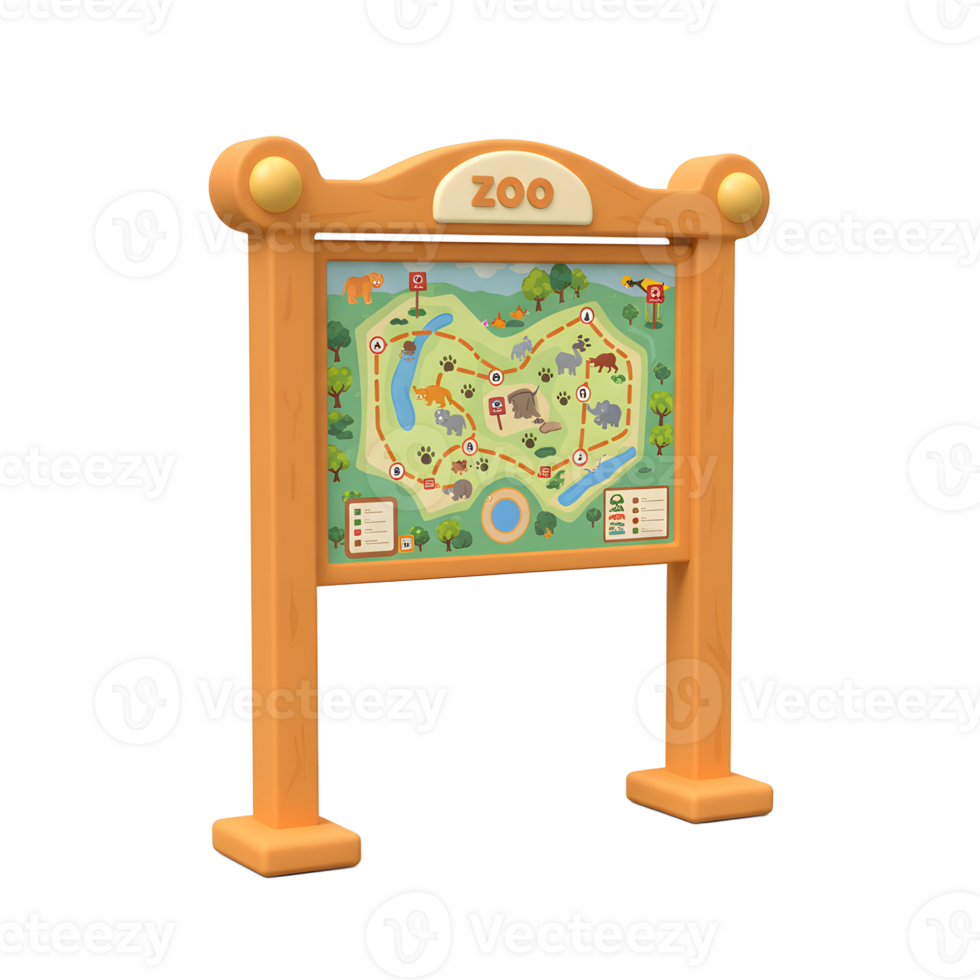 A cartoon style zoo map is displayed on a wooden sign, showcasing various animal locations and pathways for visitors to navigate the park. png