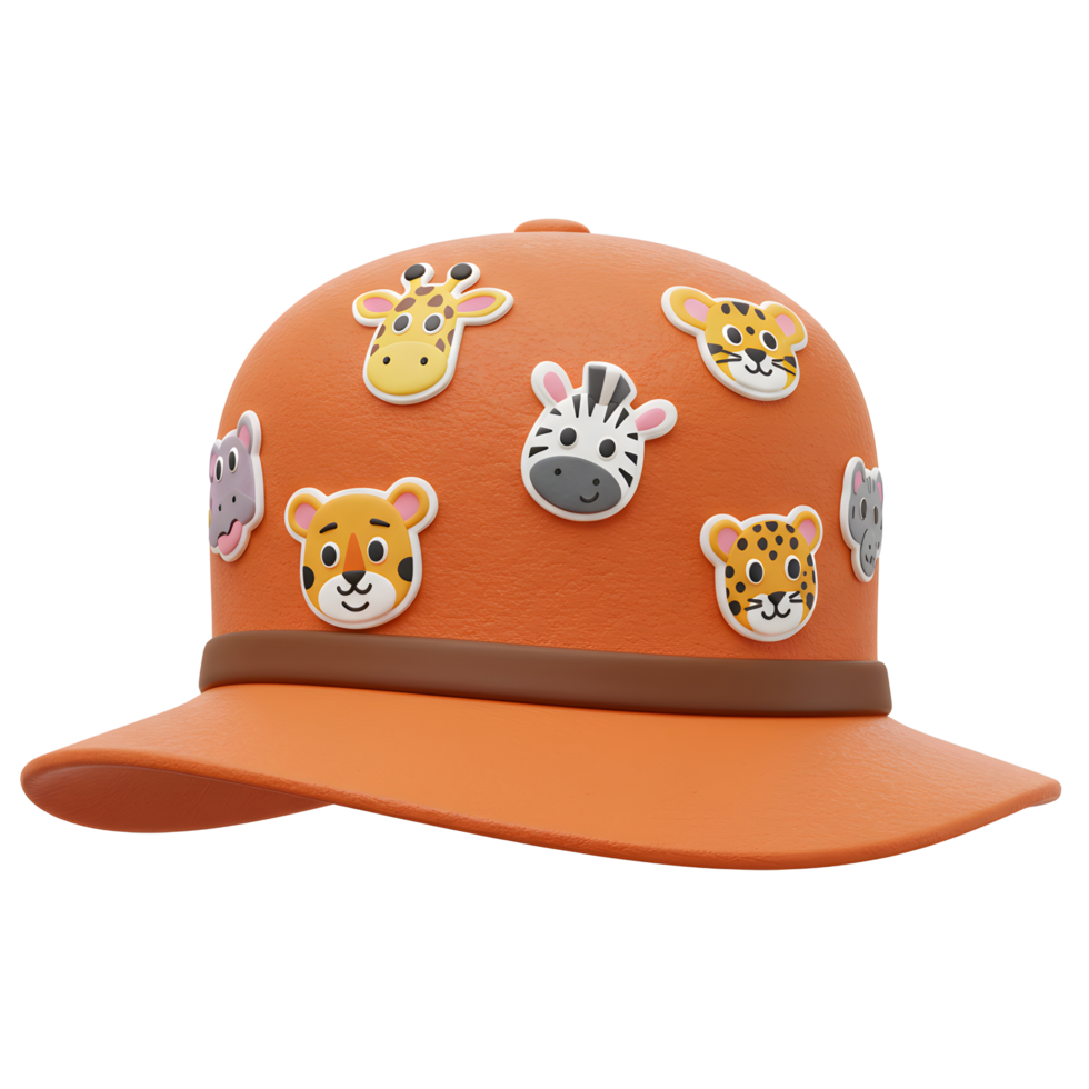 An orange safari hat is decorated with cartoon animal faces, making it a fun accessory for children. png