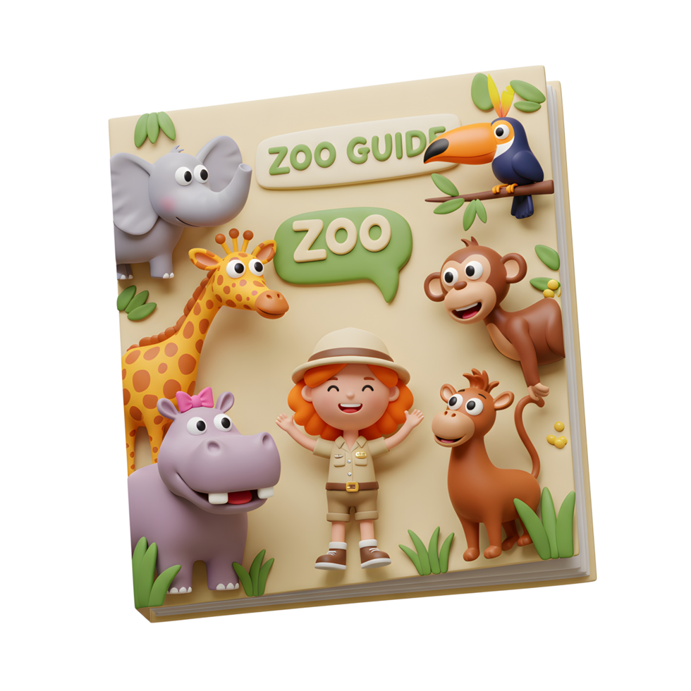 A zoo guide book is decorated with various animals and a zookeeper, providing an informative and engaging resource for zoo visitors. png