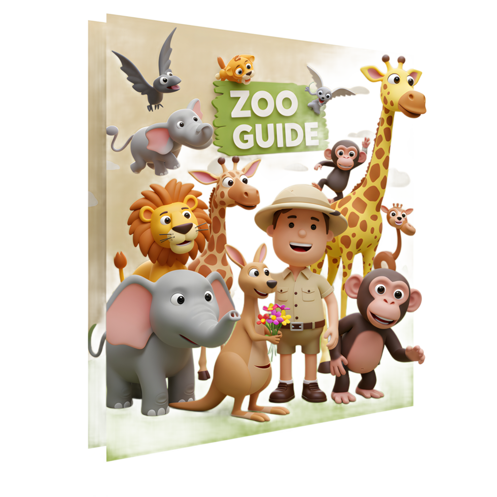 Colorful cartoon animals and a zookeeper stand on a zoo guide book cover to welcome visitors, making it a fun visual for family outings or educational materials. png