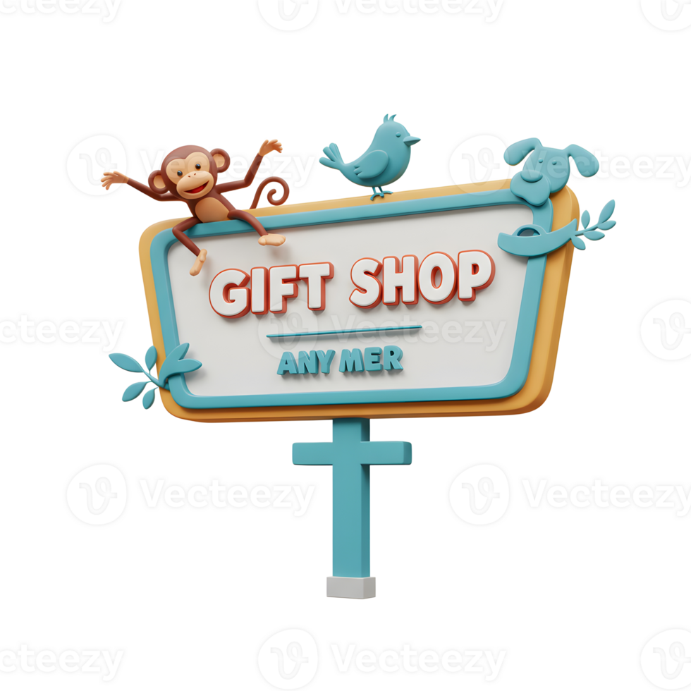 A cartoonish gift shop sign is decorated with a monkey, bird, and dog figure making it suitable for attracting customers. png