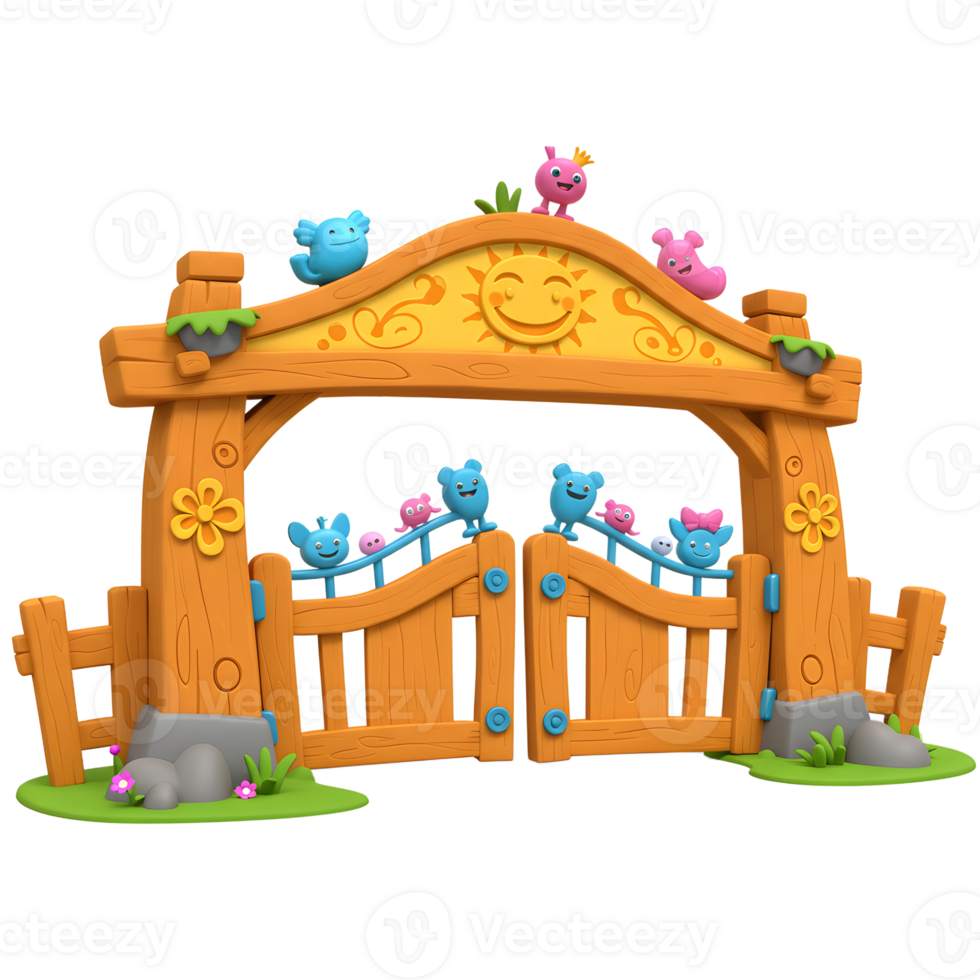 A cartoon wooden gate features smiling sun and several colorful creatures, creating an inviting and whimsical entrance for a child's play area. png