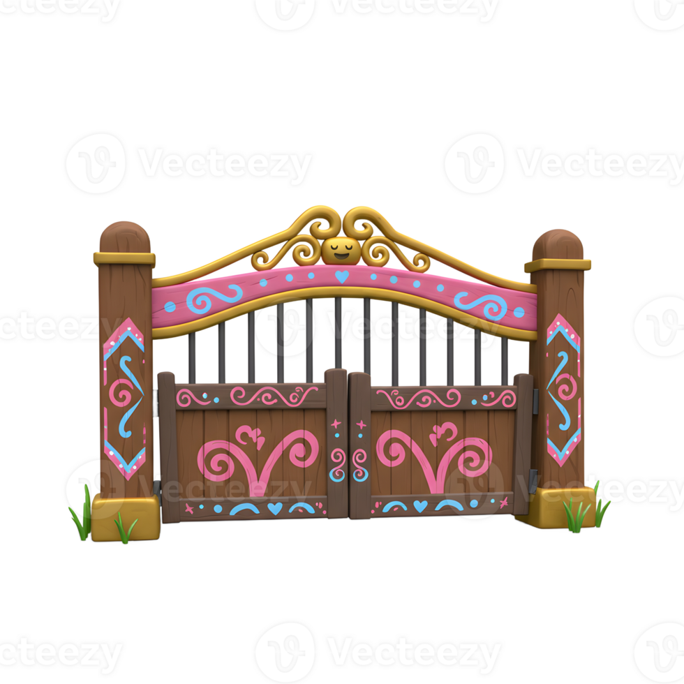 This cartoon style wooden gate features a pink and blue color scheme with heart and swirl accents, adding a whimsical touch to any property or landscape design. png
