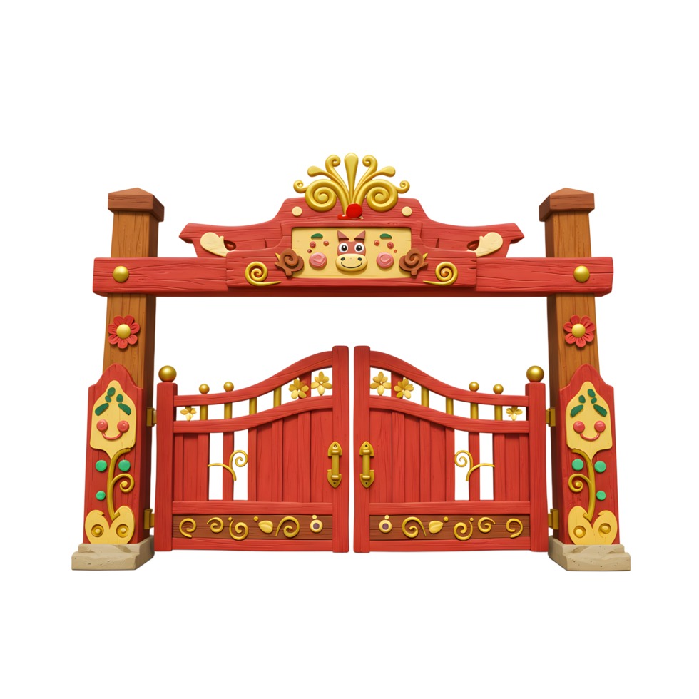 Cartoon gate in red and golden colors looks bright and attractive, suitable for garden decor. png