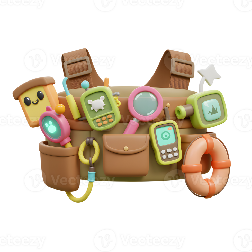 A cartoon vest with various toy gadgets is displayed, perfect for imaginative play and adventure. png