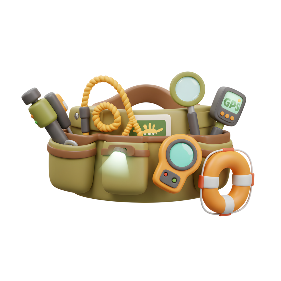 This illustration shows an explorer tool bag filled with useful gadgets, including a compass, GPS, magnifier, and a lifebuoy, ideal for adventure themed designs. png