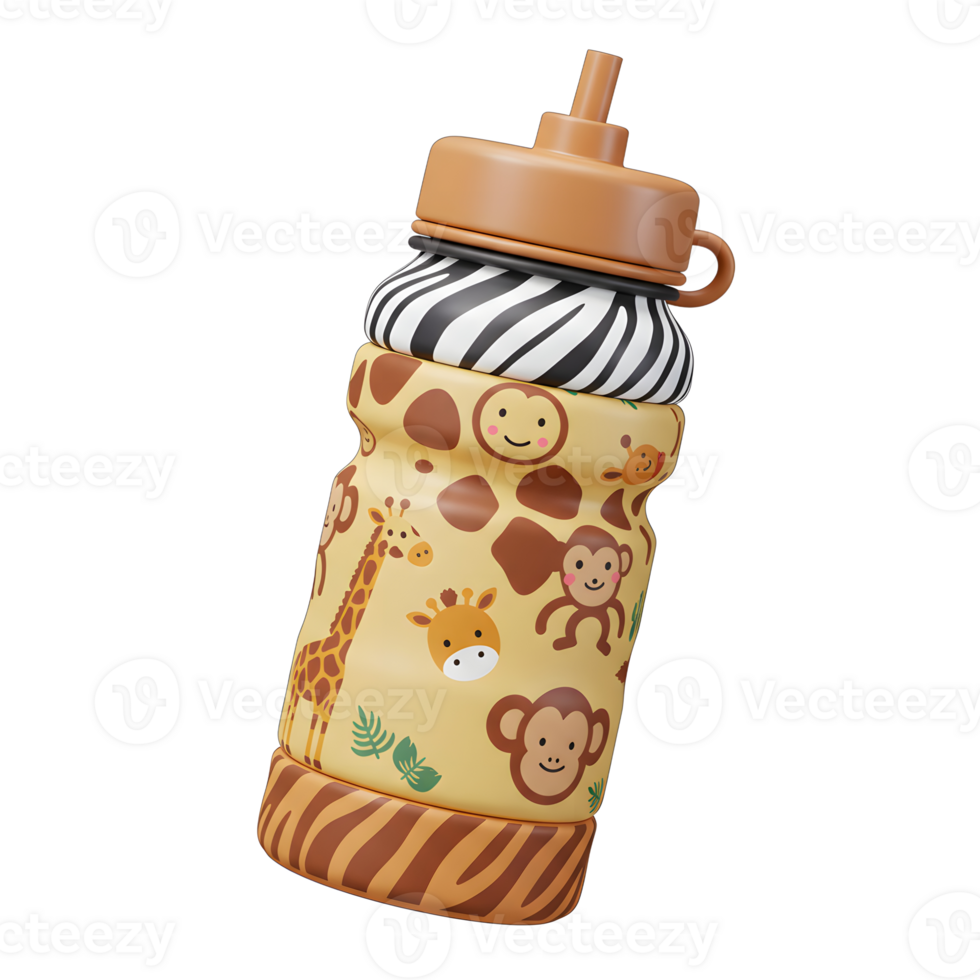 This bottle features an animal print design with monkeys and giraffes, making it perfect for a child's drink. png