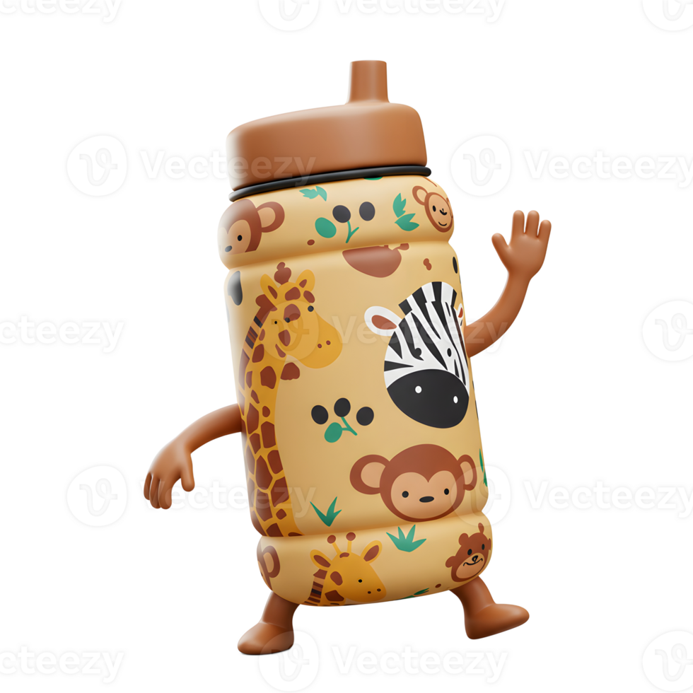 A cartoon bottle with giraffe, monkey, and zebra prints is walking, designed for children. png