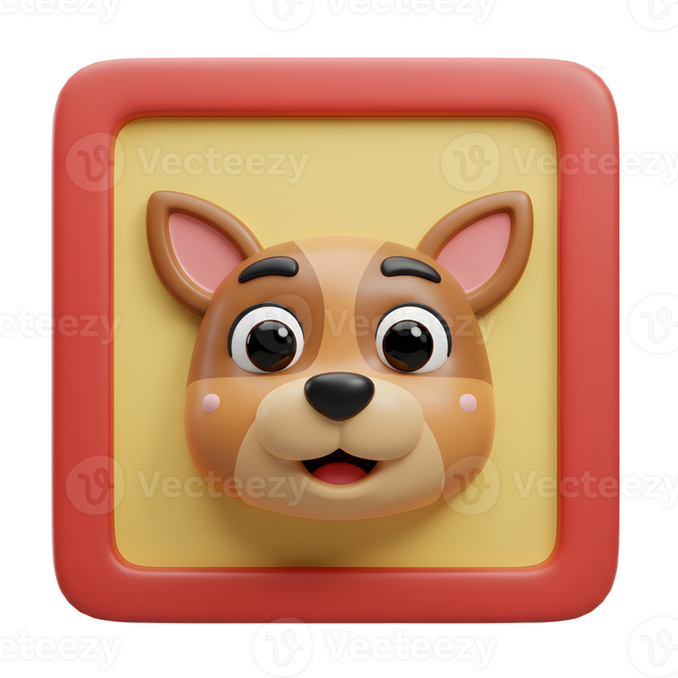 A cartoon dog face sits within a red and yellow square frame, creating a playful and cheerful image suitable for children's content or playful designs. png