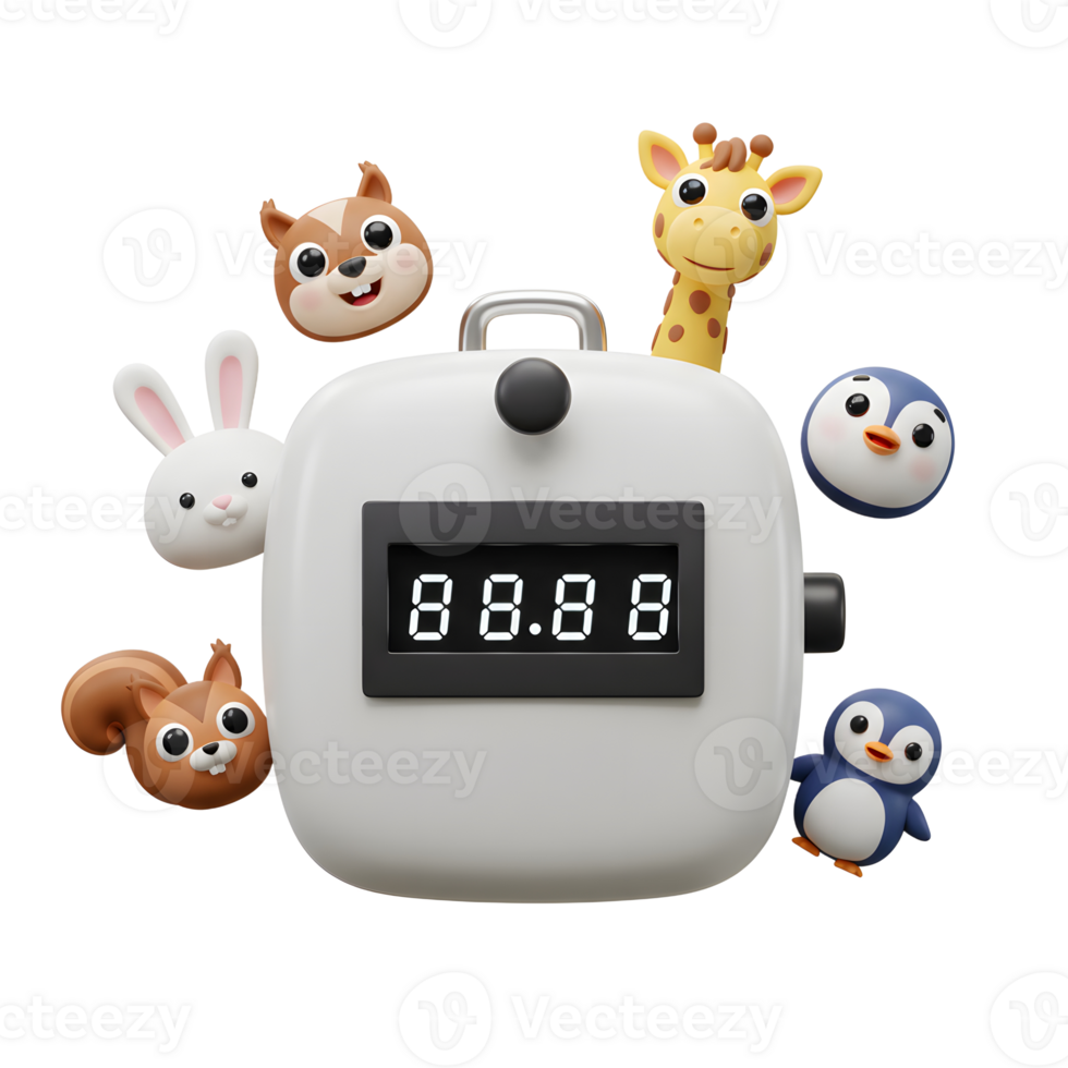 A digital counter is surrounded by cartoon animals, ideal for children's educational content. png