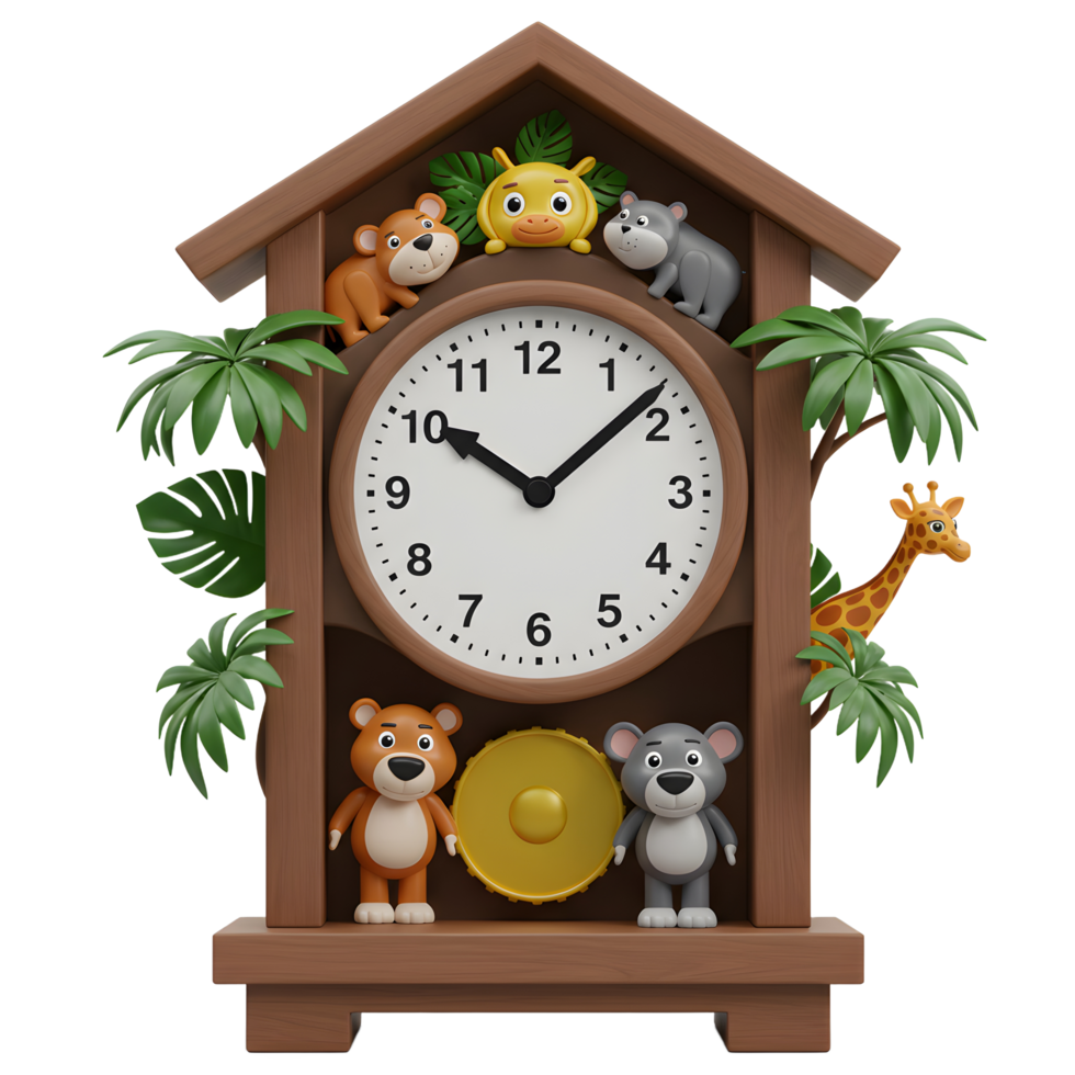 Wooden cuckoo clock features various cartoon animals and tropical leaves, suggesting a playful and whimsical decoration. png