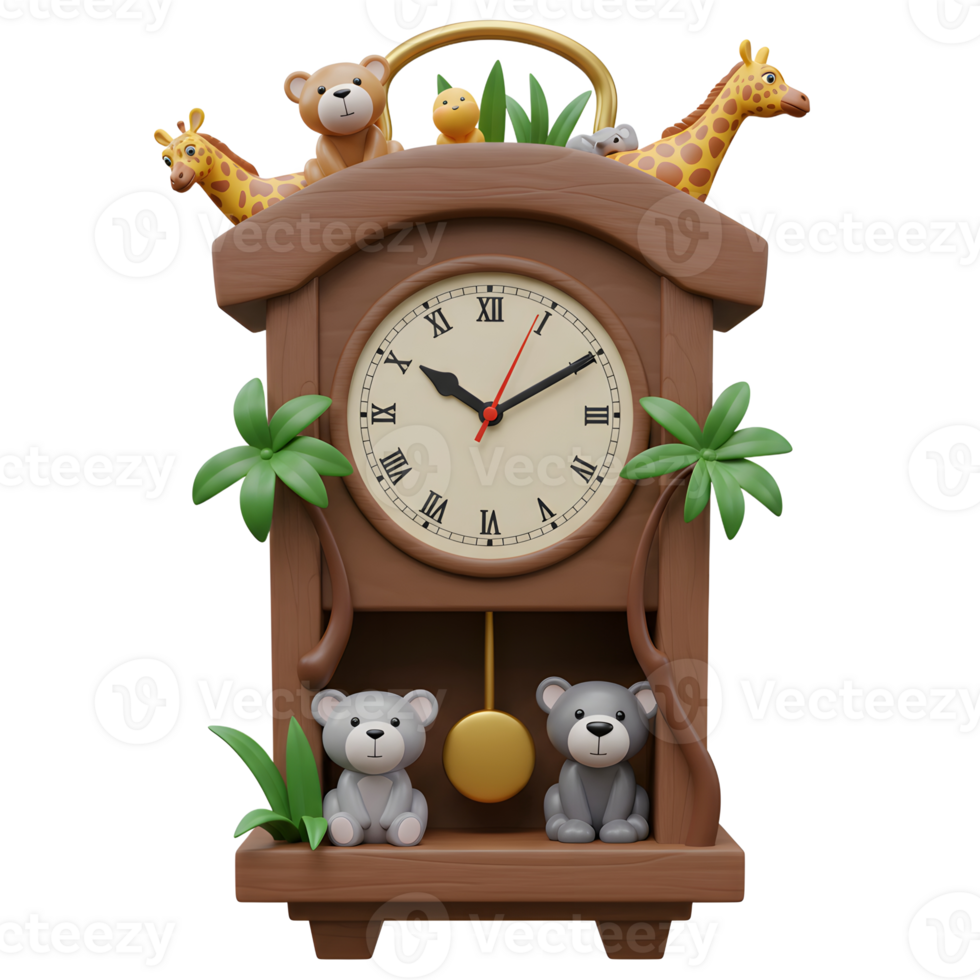 A whimsically designed clock features animal figures and tropical foliage, ideal for decorating a nursery or child's room. png