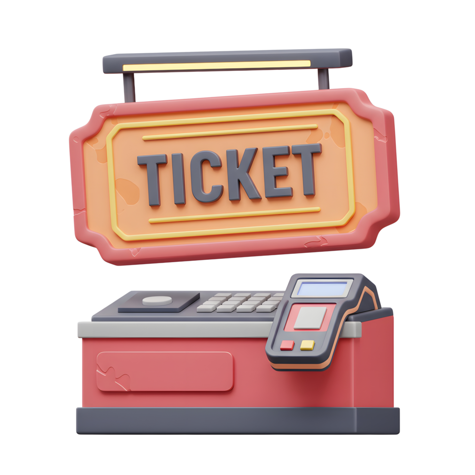 A ticket machine with a sign, gray keyboard, and red body is used to sell tickets. png
