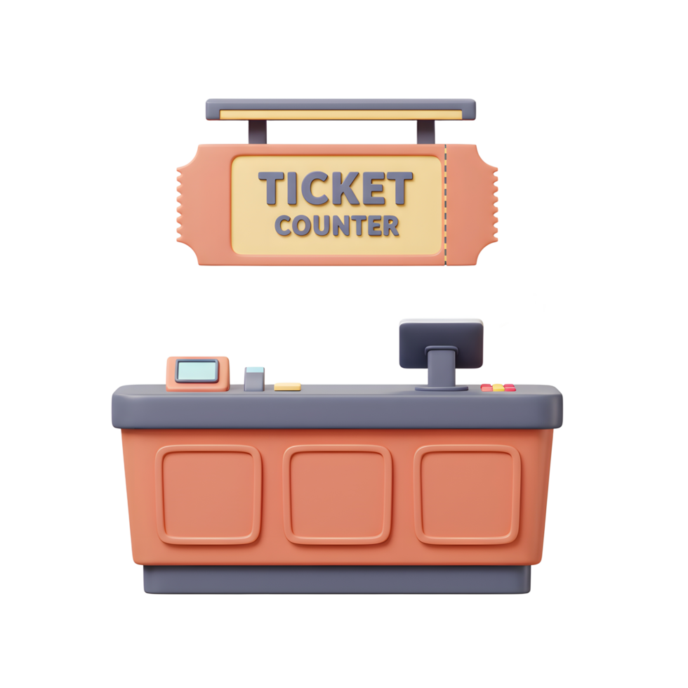 Illustration of a ticket counter with a screen and sign, for entertainment or service industry concepts. png