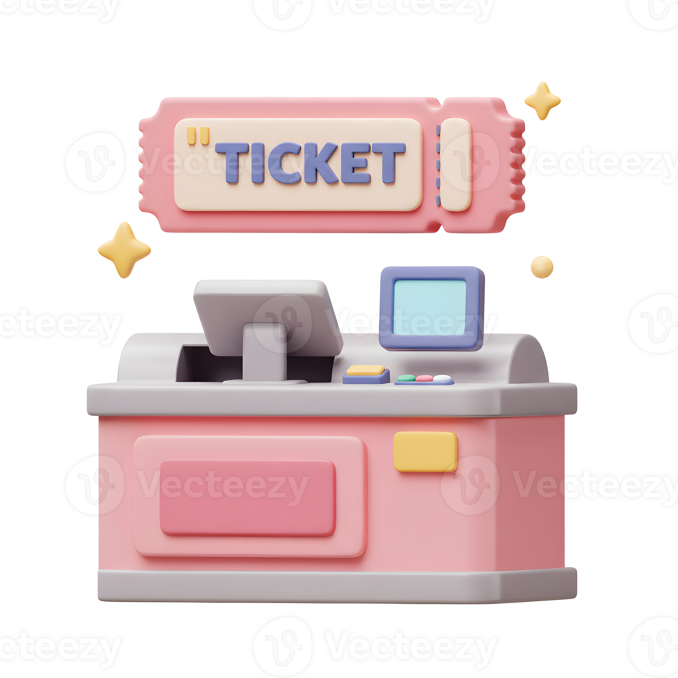 A stylized ticket booth with a monitor, buttons, and a ticket sign is shown, which could be used for entertainment or transportation events. png