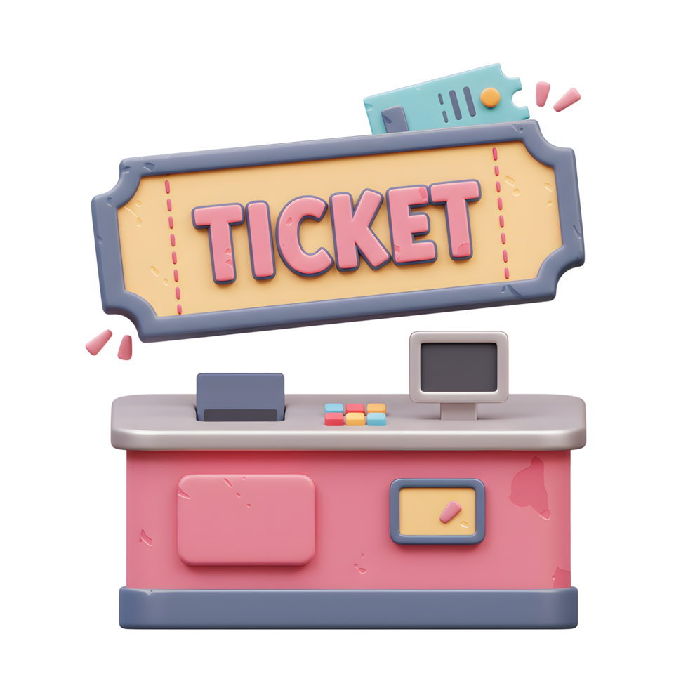 A 3D rendering shows a ticket above a counter with a monitor, suggesting ticket purchase or event entry. png
