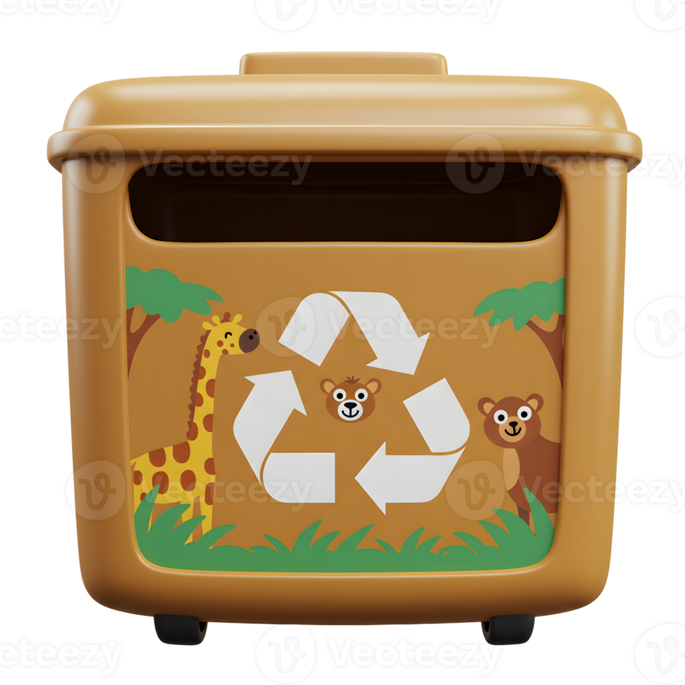 Tan recycling bin with animals and a recycle symbol can be used to collect recyclable waste. png