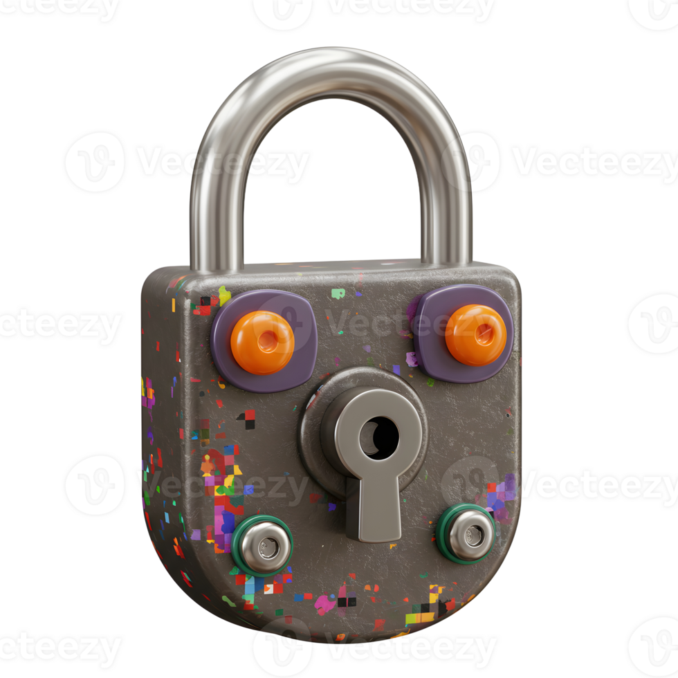 A gray cartoon lock with colorful patches is shown as an imaginative illustration for security purposes. png