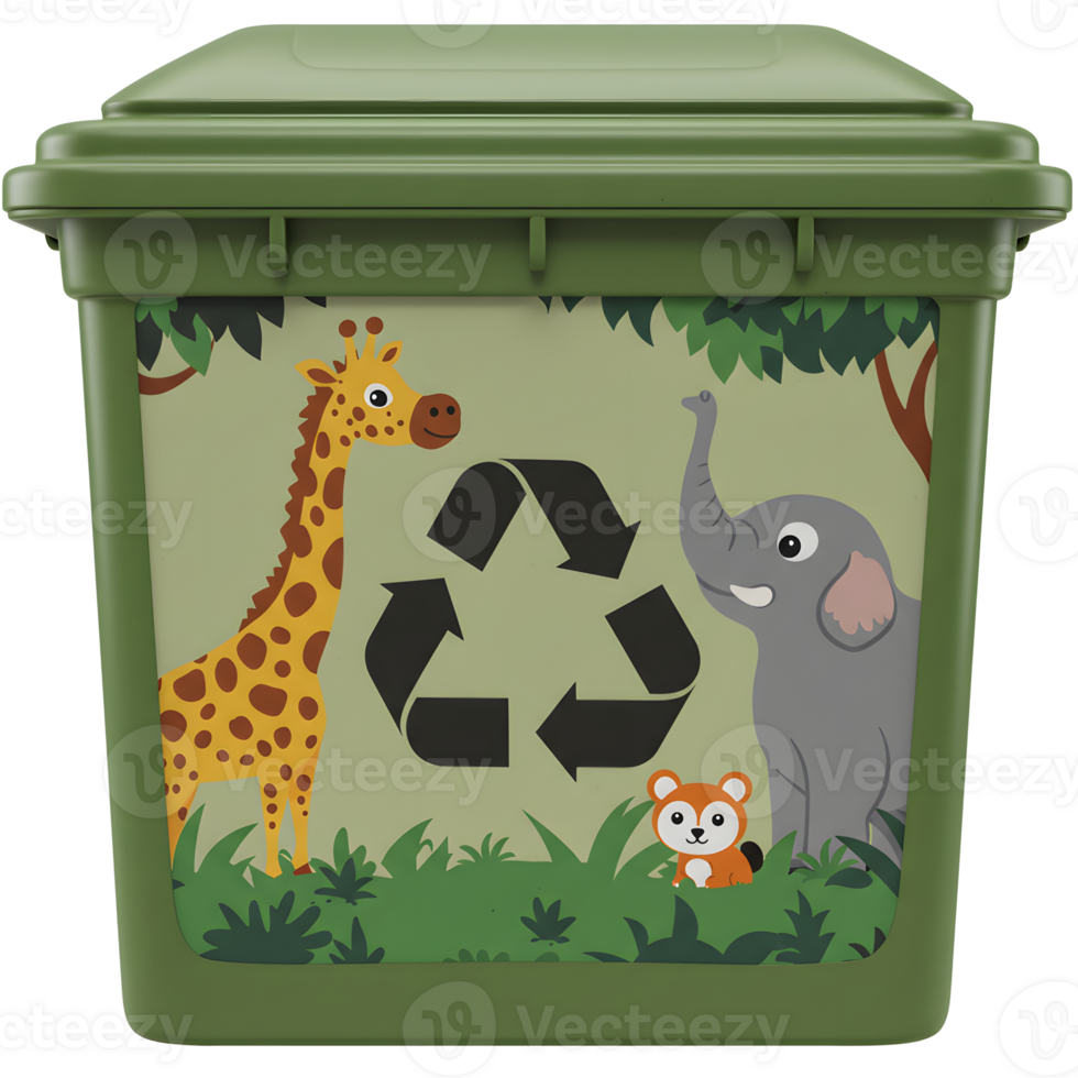 An olive green recycling bin displays a giraffe, elephant, squirrel, and recycling symbol, suitable for encouraging eco friendly habits. png