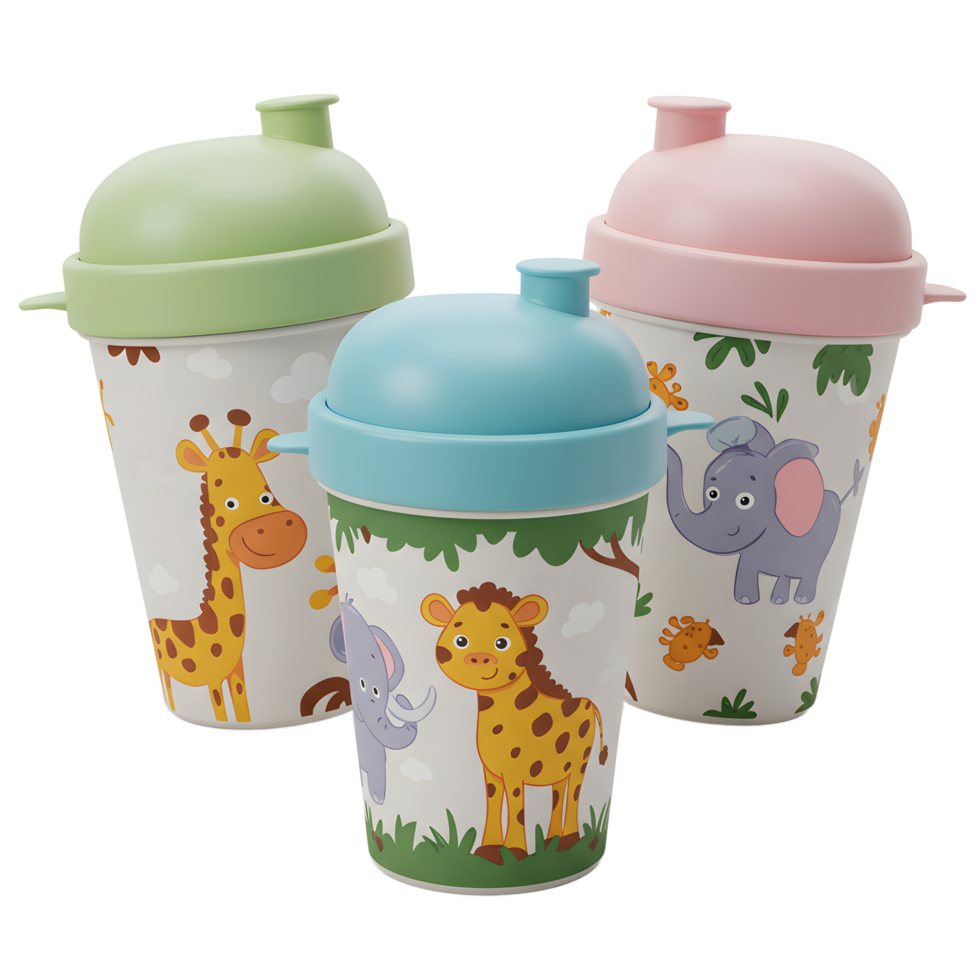 Three animal themed cups with giraffe and elephant designs offer a fun and colorful way for kids to enjoy their drinks. png