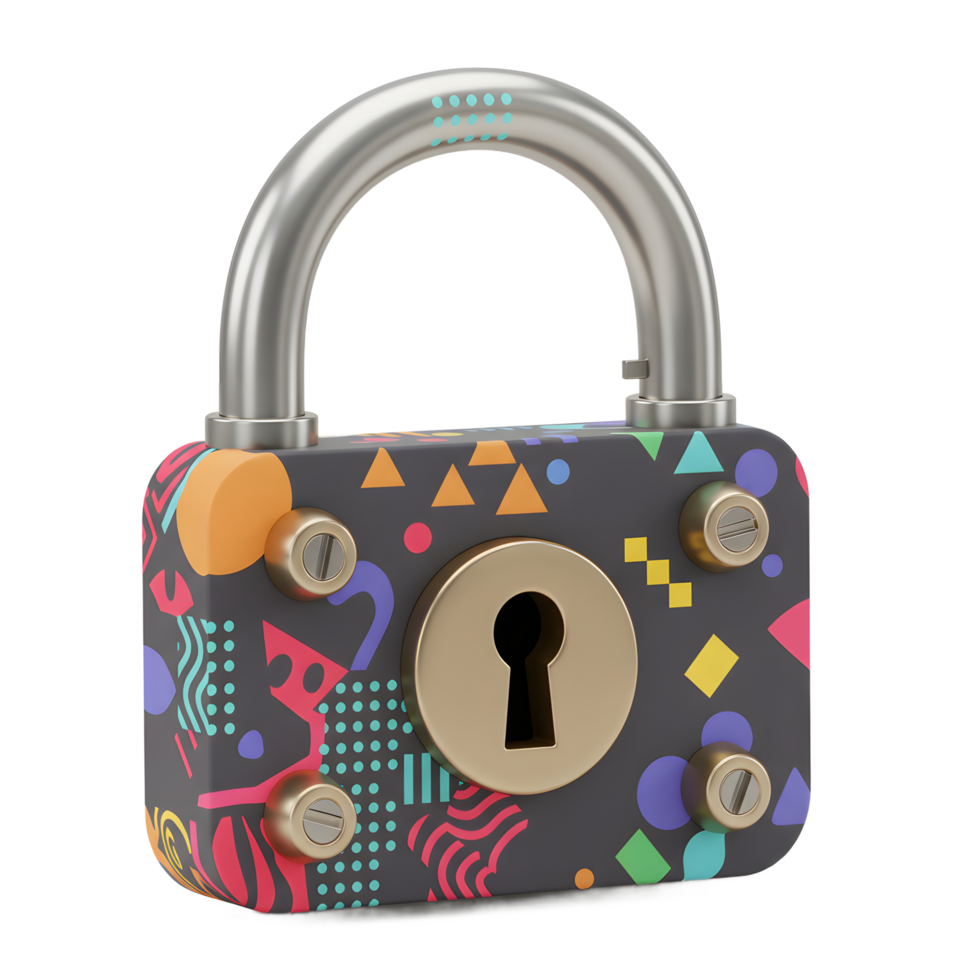 A padlock is decorated with a colorful geometric pattern, adding visual interest to a security device. It can be used for protection. png