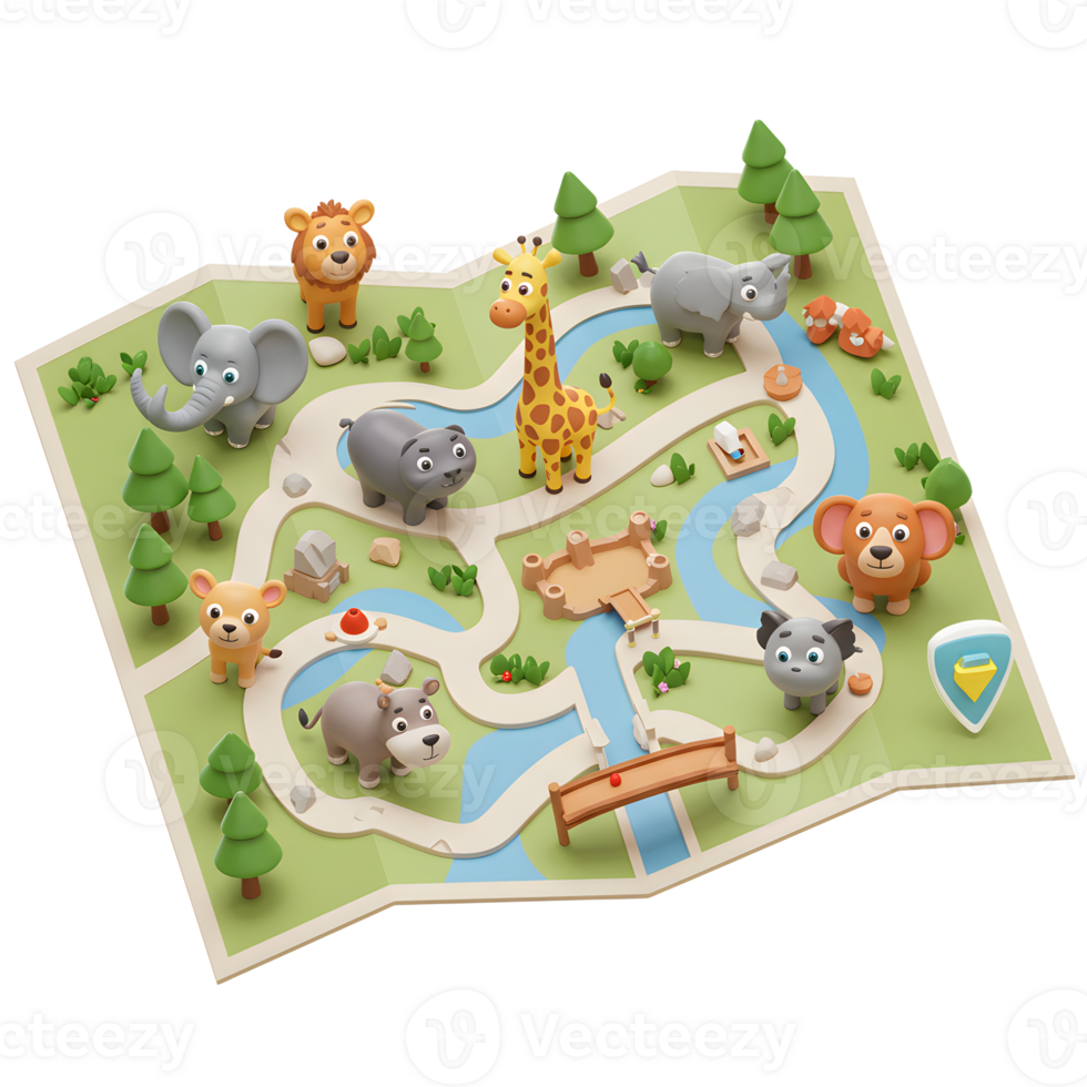 Cartoon animals, including a lion, giraffe, and elephant, are arranged on a map with rivers and trees, ideal for children's games or educational purposes. png