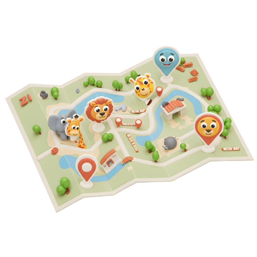 A cartoon animal safari map with a lion, giraffe, and elephant highlights locations with animated pins, ideal for children's educational play. png