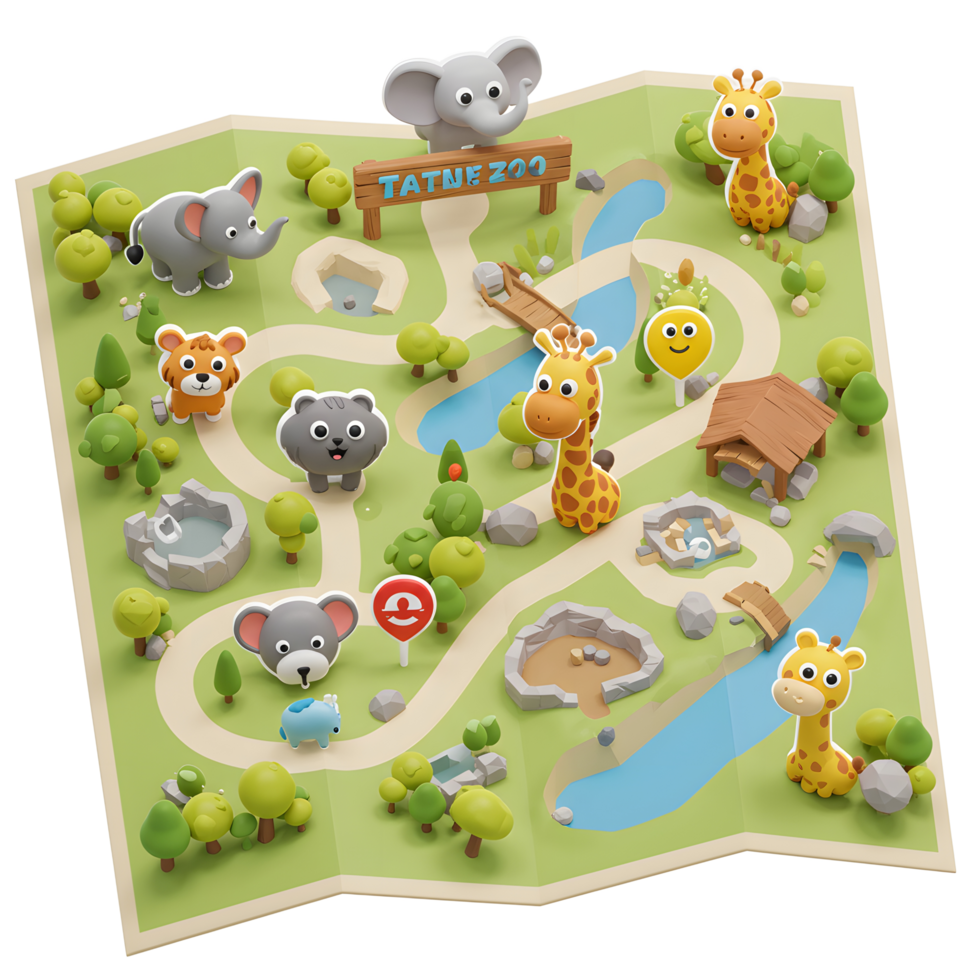 Cartoon zoo map features animals, rivers and buildings arranged playfully, suitable for children's educational materials. png