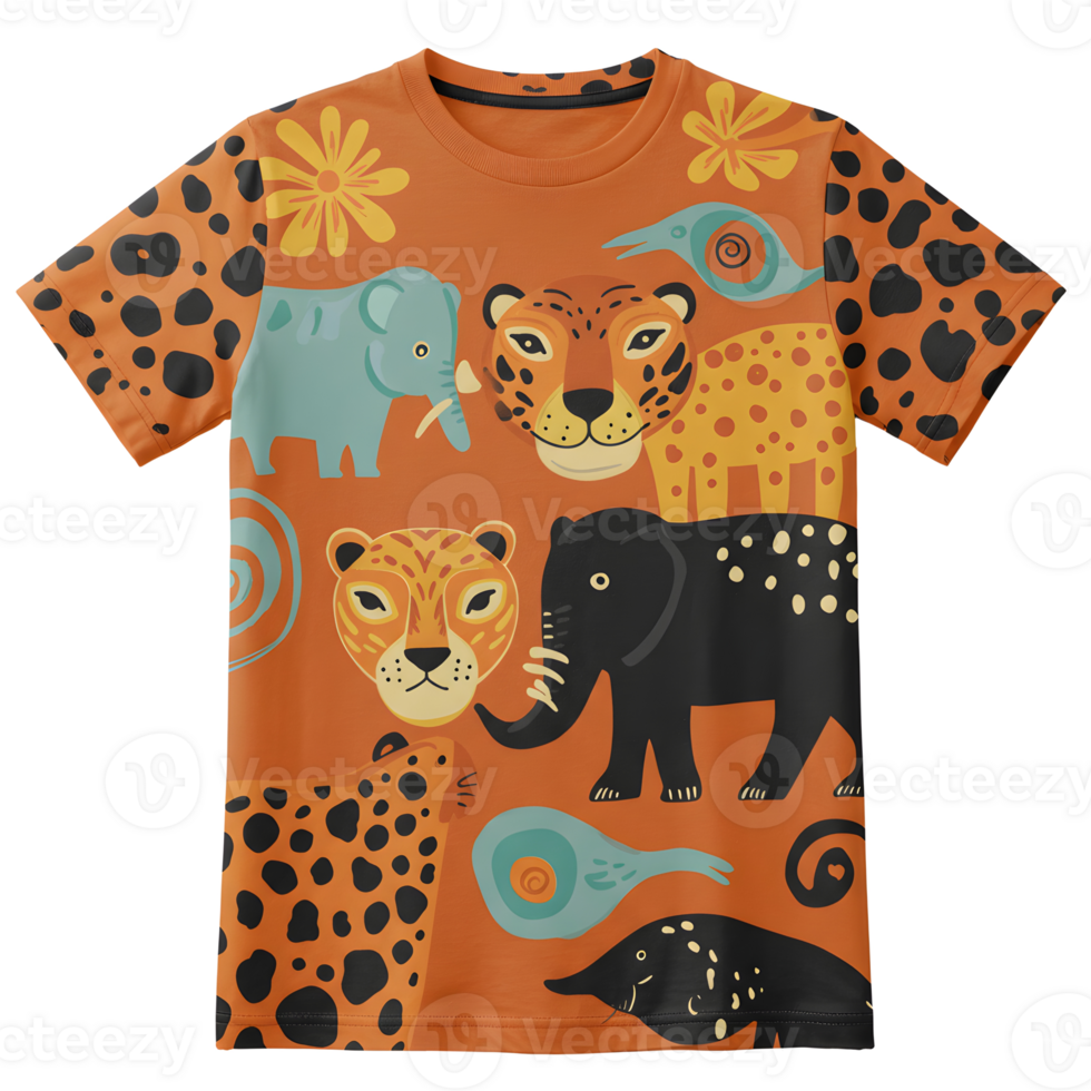 An orange t shirt features a pattern of elephants, leopards, flowers, and abstract shapes, making it ideal for casual wear. png