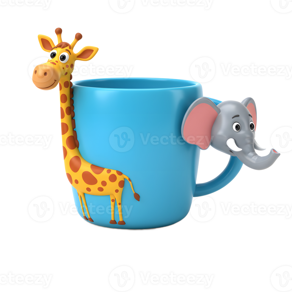 A cheerful blue mug is decorated with a giraffe and elephant, making it ideal for children's use. png
