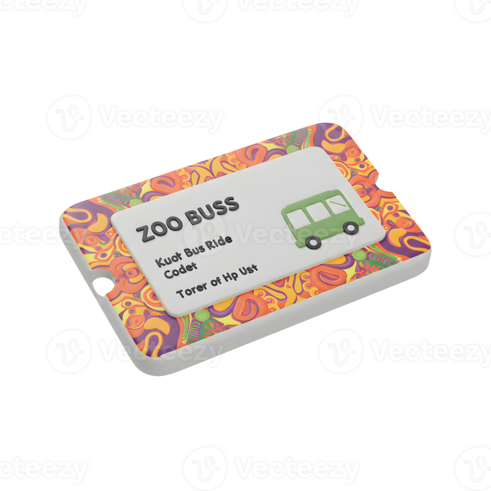 A decorative card with zoo buss information and a cartoon bus on top with a colorful patterned background can be used as a keepsake. png