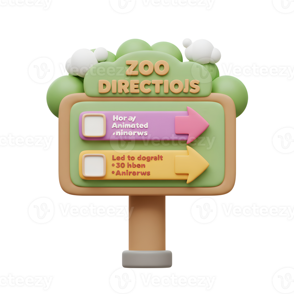 This image shows a 3D rendered zoo direction sign with pink and yellow arrows, perfect for illustrating a zoo or park layout. png