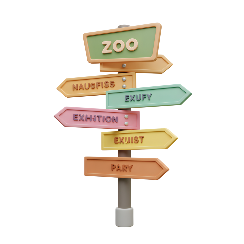 A colorful signpost with arrows points to different directions, displaying words like 'zoo', 'exufy', and 'exuist', ideal for adding whimsy to travel or location based designs. png