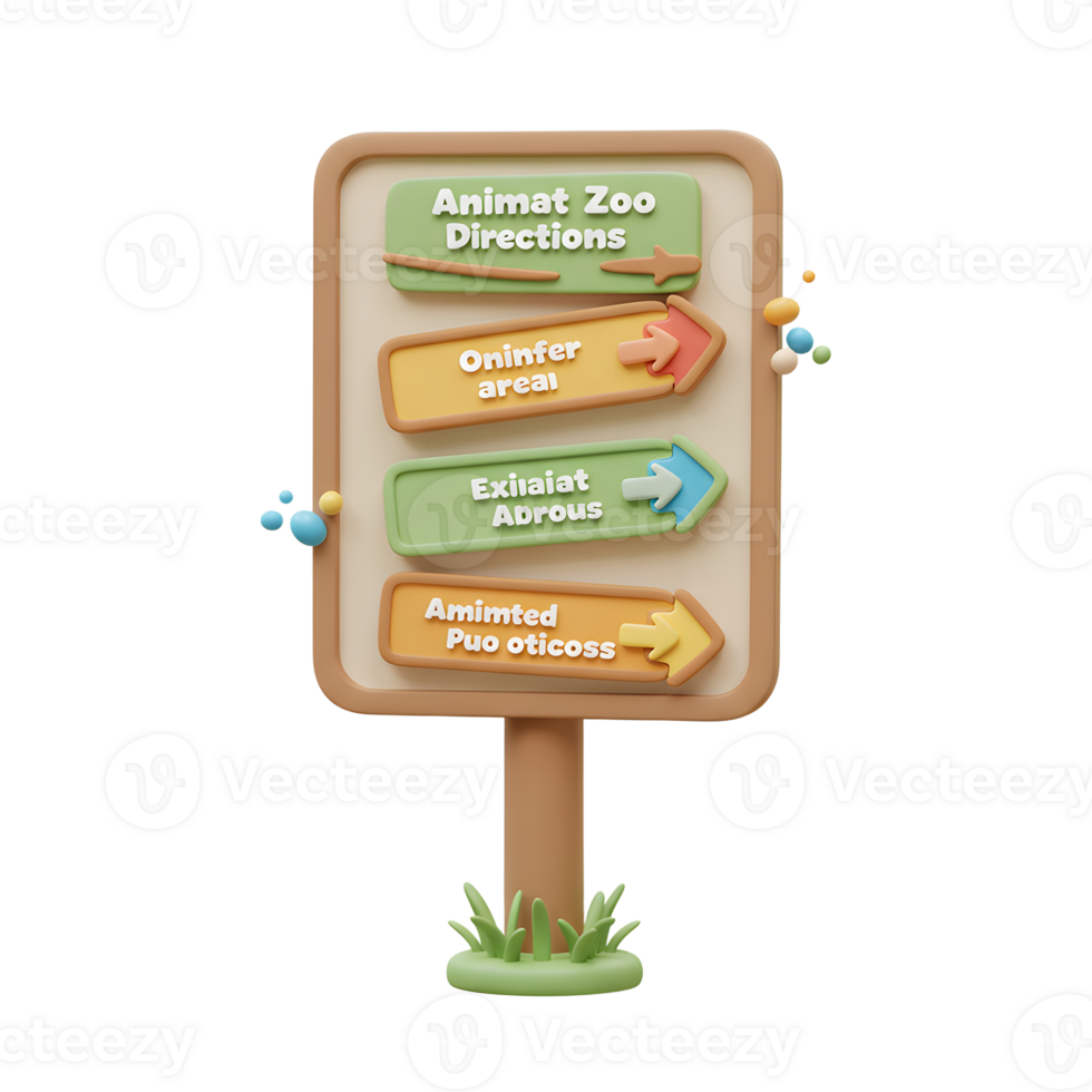 Cartoon directional sign with arrow design points to multiple places and can be used for wayfinding. png