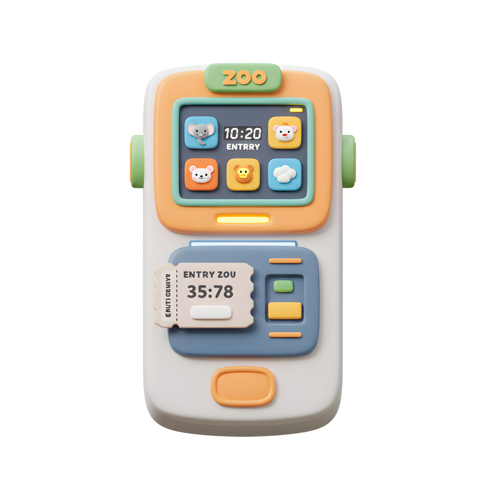 A stylized cartoon zoo ticket machine displays time, animal icons and an entry ticket, suggesting its use for simulated zoo entry scenarios. png