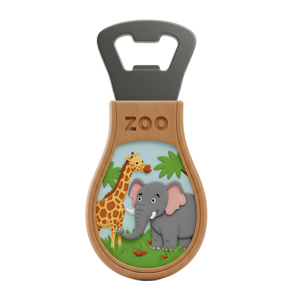 A wooden bottle opener featuring a giraffe, elephant, and palm tree design makes a fun and functional tool for opening beverages. png