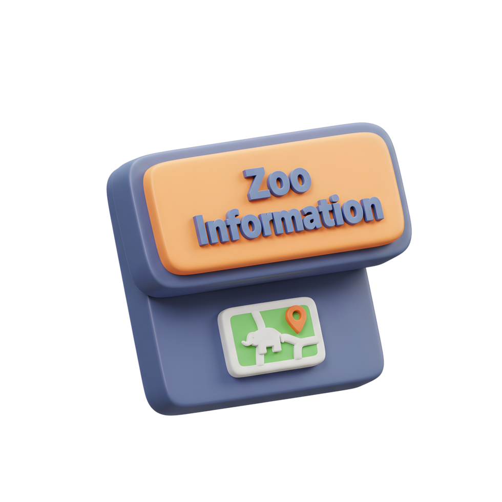 Rendered image of a zoo information sign with map of animals, the map highlights a place to visit at the zoo. png