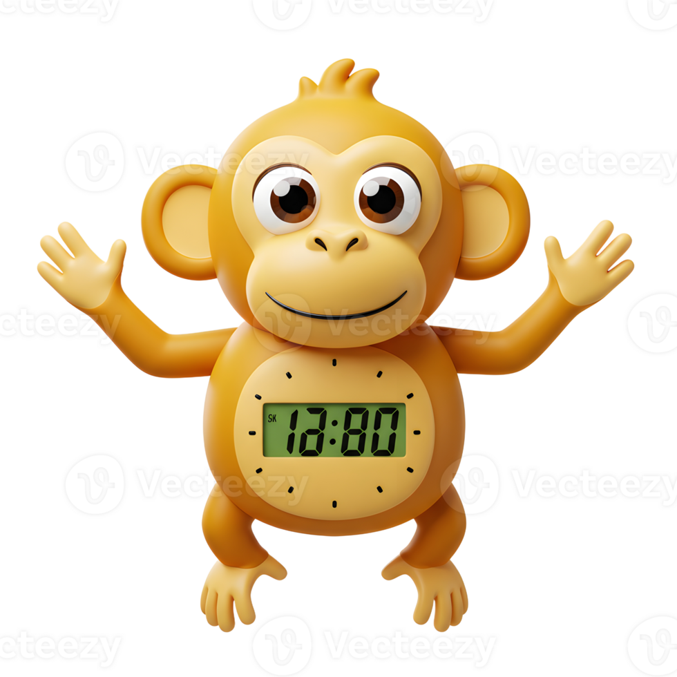 Yellow monkey shaped alarm clock showing 1280 on its digital display is great for timekeeping. png