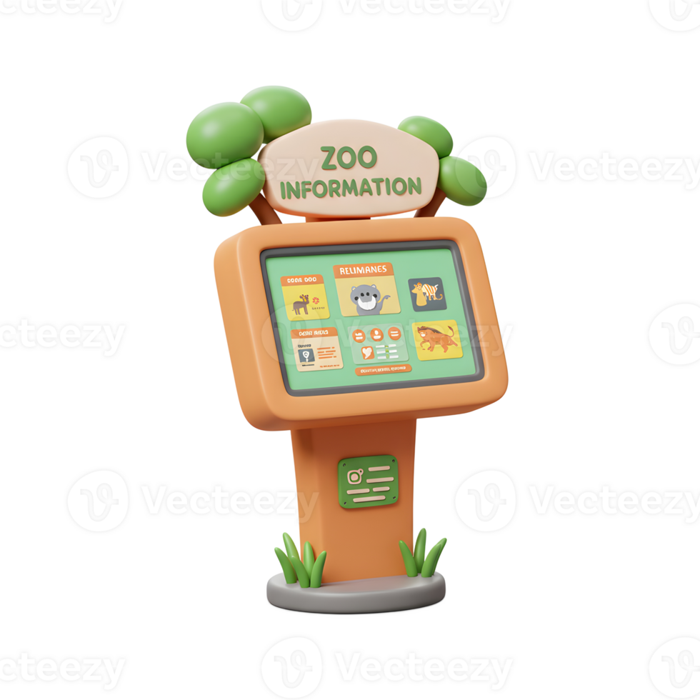 A cute cartoon zoo information kiosk displays animal icons and details for visitor guidance. png