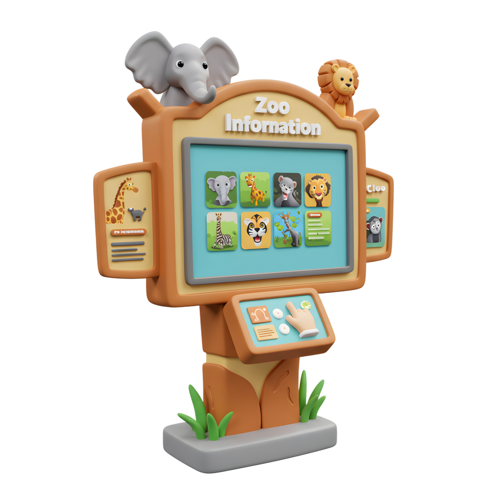 This cartoon zoo information kiosk features animal icons on its screen and has an elephant and lion on top, useful for educational or informational purposes. png