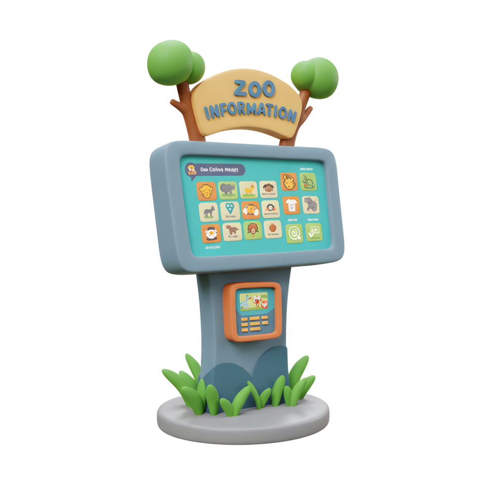 A cartoon zoo information kiosk displays animal icons, offering an interactive experience for park visitors. png