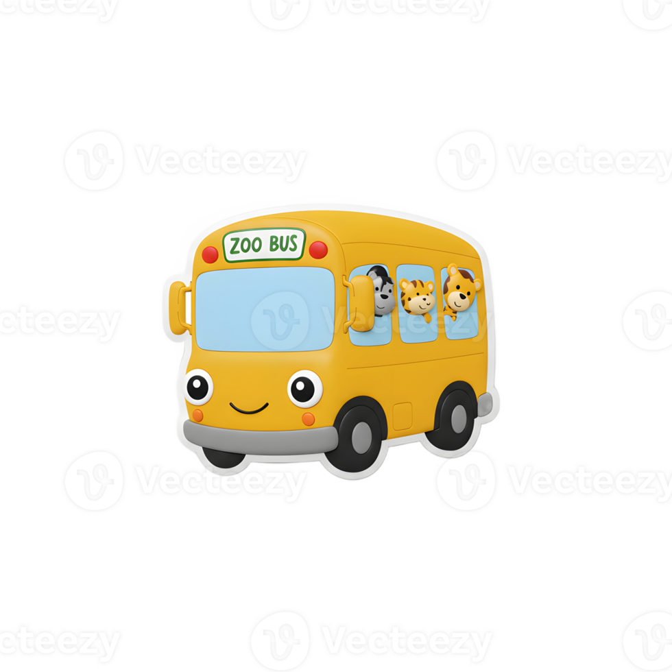 A charming cartoon yellow zoo bus, featuring a dog, tiger, and bear, is depicted against a plain white background, suitable for educational materials or children's illustrations. png