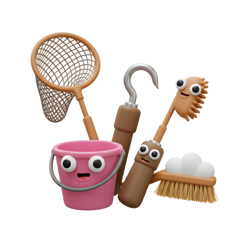 A pink bucket, net, hook, and brushes with cartoon faces are displayed for cleaning purposes. png