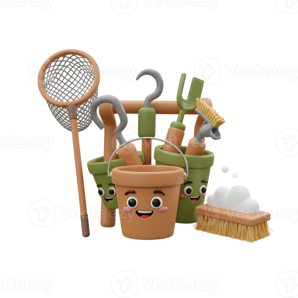 A 3D rendering shows cartoon gardening tools, including a trowel, rake, and net, making it perfect for children's garden themed projects. png