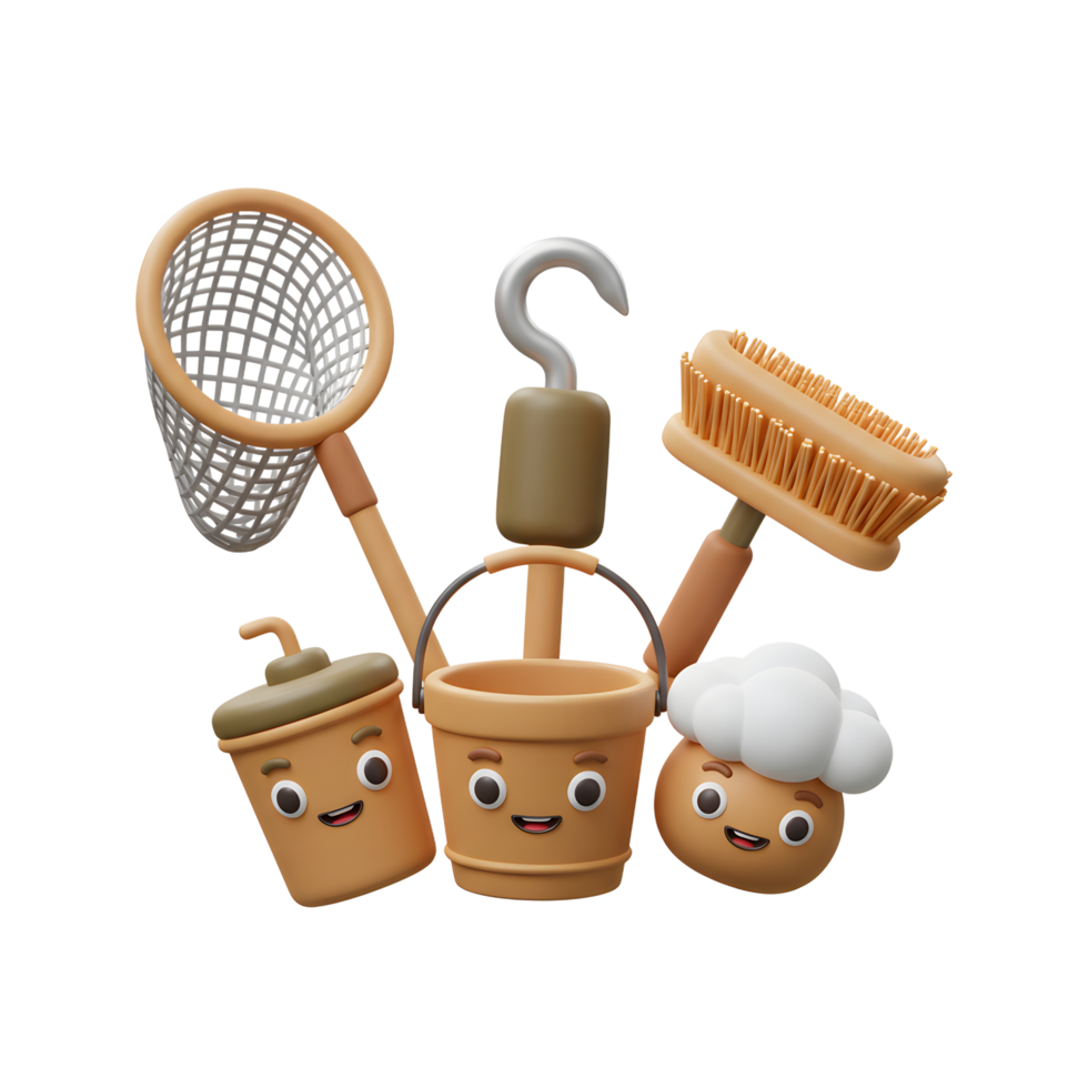 Cartoon cleaning tools including a bucket, brush, net, and hook are arranged together in a cheerful illustration for cleaning purposes. png