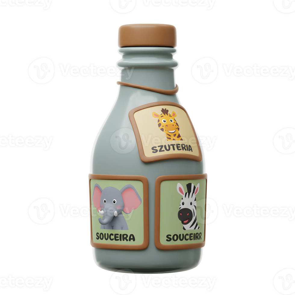A light gray bottle is decorated with illustrations of an elephant, zebra, and giraffe and can be used as decoration. png