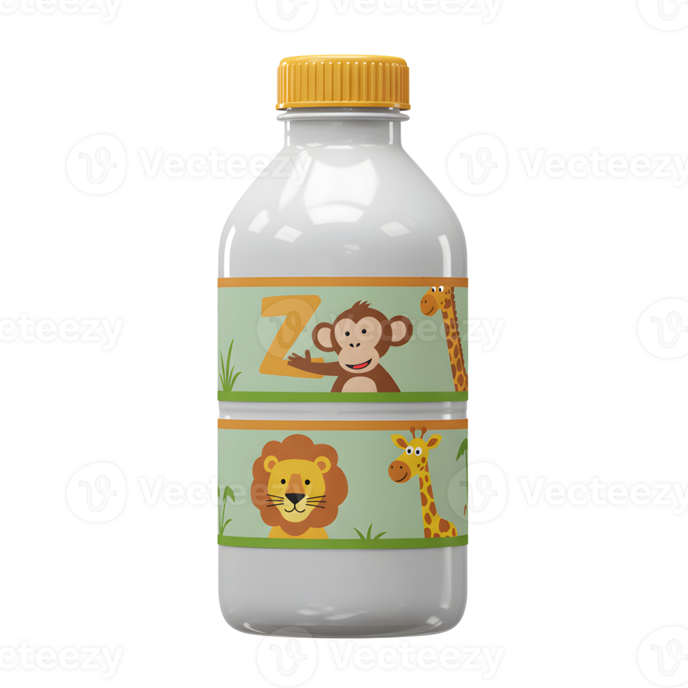 White bottle adorned with a green band featuring a playful cartoon of a monkey, giraffe, and lion, ideal for use as a fun beverage container. png