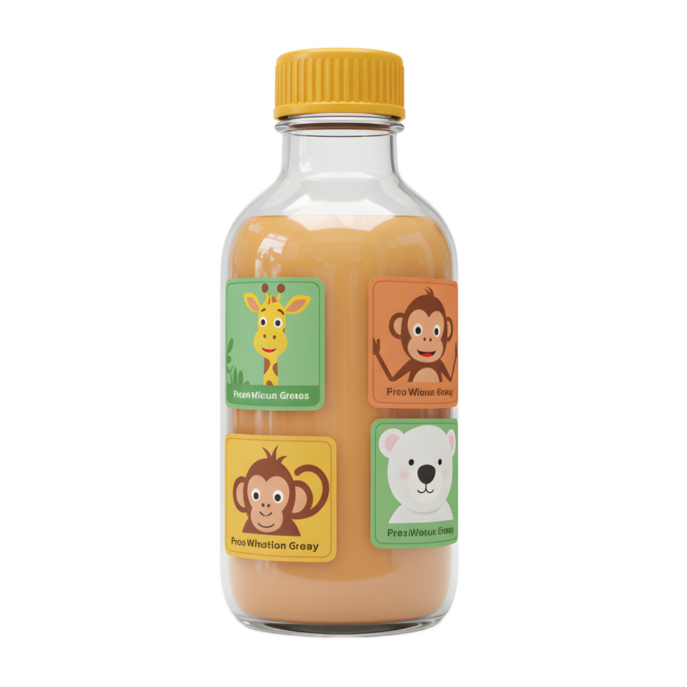 A glass juice bottle with a yellow cap and four animal character labels is presented for beverage packaging. png
